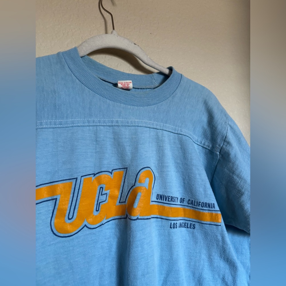 70s UCLA 3/4 Sleeve Cotton Jersey T-Shirt Artex Sz M Single Stitch Blue - Picture 2 of 8